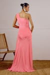 Shop_Lavanya Ahuja_Coral Chiffon, Crepe One Shoulder Flurry Asymmetrical Drop Waist Dress _at_Aza_Fashions