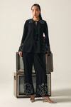 Buy_House Of Zeniaa_Black Crepe Embroidery, Stones Split V-neck Athena Top And Pant Set _at_Aza_Fashions