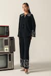 Shop_House Of Zeniaa_Black Crepe Embroidery, Stones Split V-neck Athena Top And Pant Set _Online_at_Aza_Fashions