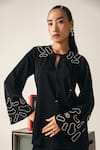 House Of Zeniaa_Black Crepe Embroidery, Stones Split V-neck Athena Top And Pant Set _at_Aza_Fashions