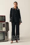 Buy_House Of Zeniaa_Black Crepe Embroidery, Stones Split V-neck Athena Top And Pant Set 