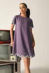 Shop_House Of Zeniaa_Purple Crepe Rhinestones, Beads Round Neck Savanna Embellished Dress _Online_at_Aza_Fashions