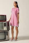 House Of Zeniaa_Pink Crepe Rhinestones Round Neck Ophelia Embellished Dress _at_Aza_Fashions