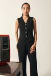 House Of Zeniaa_Black Crepe V-neck Elena Solid Vest And Trouser Set _Online_at_Aza_Fashions