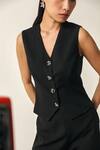 House Of Zeniaa_Black Crepe V-neck Elena Solid Vest And Trouser Set _at_Aza_Fashions