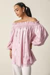 Buy_House Of Zeniaa_Pink Cotton, Lurex Sequins Off-shoulder Hope Off Top _Online_at_Aza_Fashions