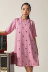 House Of Zeniaa_Pink Crepe Beads, Embroidery Round Neck Kate Floral Embellished Dress _at_Aza_Fashions
