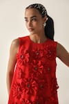 Buy_House Of Zeniaa_Red Crepe Applique, Stones Round Neck Lucy 3d Floral Embellished Dress _Online_at_Aza_Fashions