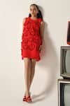 Shop_House Of Zeniaa_Red Crepe Applique, Stones Round Neck Lucy 3d Floral Embellished Dress _Online_at_Aza_Fashions
