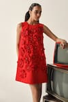 House Of Zeniaa_Red Crepe Applique, Stones Round Neck Lucy 3d Floral Embellished Dress _at_Aza_Fashions