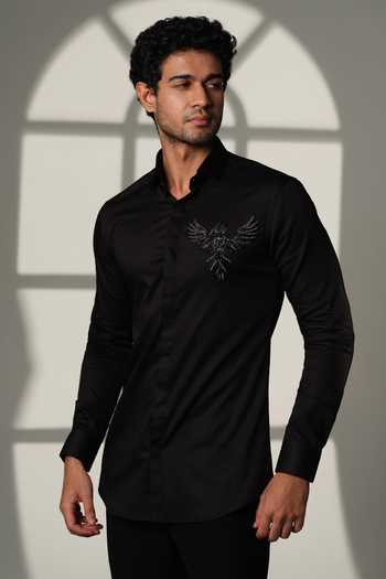 Buy_Sanjana Reddy Designs_Black Cotton Embroidery 3d Phoenix Placement Shirt _at_Aza_Fashions