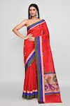 Buy_Samyukta Singhania_Red Cotton, Silk Zari Contrast Border Saree With Running Blouse _at_Aza_Fashions