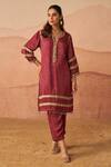 Shop_Rainas_Maroon Satin Sequins, Embroidery, Tassels Split Leheriya Bandhani Kurta Set _at_Aza_Fashions