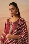 Rainas_Maroon Satin Sequins, Embroidery, Tassels Split Leheriya Bandhani Kurta Set _Online_at_Aza_Fashions