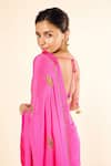 Buy_Masaba_Pink Crepe Embroidery, Zari Leaf Neck Patakha Saree With Blouse _at_Aza_Fashions