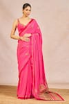 Masaba_Pink Crepe Embroidery, Zari Leaf Neck Patakha Saree With Blouse _Online