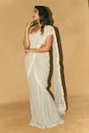 Vvani By Vani Vats_Grey Georgette Pearls, Embroidery, Chandelier Drop Pre-draped Saree With Blouse _at_Aza_Fashions