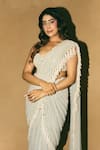 Vvani By Vani Vats_Grey Georgette Pearls, Embroidery, Chandelier Drop Pre-draped Saree With Blouse _Online