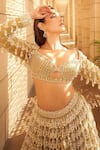 Shop_Vvani By Vani Vats_Green Georgette, Net Pearls Scalloped Chandelier Embellished Bridal Lehenga Set 