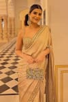 Vvani By Vani Vats_Beige Satin, Georgette Mirrors Sweetheart Embroidered Border Saree With Blouse _at_Aza_Fashions