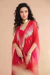 Pallavi Jaipur_Red Chiffon Sequins, Embroidery V-neck Rose And Pink Bling Kaftan With Dress _Online_at_Aza_Fashions