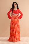 Buy_Pallavi Jaipur_Coral Crepe, Chiffon Sequins, Beads, Collar Boho Top With Lehar Print Skirt Set _at_Aza_Fashions