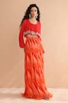 Buy_Pallavi Jaipur_Coral Crepe, Chiffon Sequins, Beads, Collar Boho Top With Lehar Print Skirt Set _Online_at_Aza_Fashions
