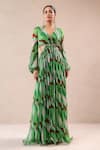 Pallavi Jaipur_Green Chiffon Beads, Embroidery V-neck Queen Peekaboo Waist Line Dress _Online_at_Aza_Fashions