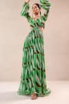 Buy_Pallavi Jaipur_Green Chiffon Beads, Embroidery V-neck Queen Peekaboo Waist Line Dress _Online_at_Aza_Fashions
