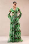 Buy_Pallavi Jaipur_Green Chiffon Beads, Embroidery V-neck Queen Peekaboo Waist Line Dress _at_Aza_Fashions