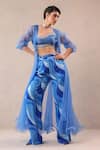 Shop_Pallavi Jaipur_Blue Organza, Chanderi, Silk Ocean Sheer Jacket And Lehar Print Pant Set _Online_at_Aza_Fashions