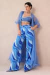 Pallavi Jaipur_Blue Organza, Chanderi, Silk Ocean Sheer Jacket And Lehar Print Pant Set _at_Aza_Fashions