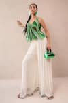Buy_Pallavi Jaipur_Green Chiffon, Crepe Embroidery, Stones Halter Vegas Top With Ivory Palazzo _at_Aza_Fashions