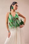 Buy_Pallavi Jaipur_Green Chiffon, Crepe Embroidery, Stones Halter Vegas Top With Ivory Palazzo 