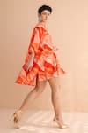 Pallavi Jaipur_Orange Chanderi Silk Embroidery V-neck Tangie Wave Lehar Print Mini Dress _Online_at_Aza_Fashions