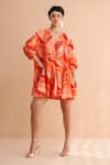 Buy_Pallavi Jaipur_Orange Chanderi Silk Embroidery V-neck Tangie Wave Lehar Print Mini Dress _at_Aza_Fashions