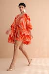 Shop_Pallavi Jaipur_Orange Chanderi Silk Embroidery V-neck Tangie Wave Lehar Print Mini Dress _Online_at_Aza_Fashions