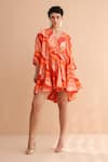 Pallavi Jaipur_Orange Chanderi Silk Embroidery V-neck Tangie Wave Lehar Print Mini Dress _at_Aza_Fashions