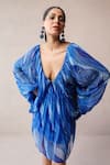 Pallavi Jaipur_Blue Chiffon Sequins V-neck California Holiday Mini Dress _Online_at_Aza_Fashions