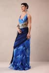 Pallavi Jaipur_Blue Chiffon, Chanderi Atlantic Lehar Print Pre-pleated Saree With Blouse _Online_at_Aza_Fashions