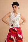 Buy_Pallavi Jaipur_Off White Chanderi, Silk Mirrors, Sheesha Waistcoat And Fushcia Printed Pant Set _Online_at_Aza_Fashions