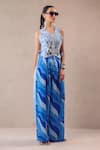 Shop_Pallavi Jaipur_Sky Blue Chanderi, Silk Mirrors, Embroidery Sheesha Waistcoat And Printed Pant Set _Online_at_Aza_Fashions