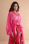 Buy_Pallavi Jaipur_Fuchsia Organza, Chanderi, Silk Pink Martini Jacket And Printed Skirt Set _Online_at_Aza_Fashions