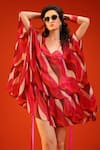 Pallavi Jaipur_Fuchsia Chiffon, Satin Sequins, Embroidery V-neck, Hot Pink Bikini Coverup Set _at_Aza_Fashions