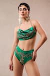 Shop_Pallavi Jaipur_Green Satin Embroidery Cowl , Halter Santa Monica Coverup And Bikini Set _Online_at_Aza_Fashions