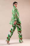 Shop_Pallavi Jaipur_Green Silk, Chiffon Cowl , Plunge Lehar Print Shirt And Pant Set _at_Aza_Fashions