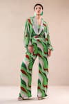 Shop_Pallavi Jaipur_Green Silk, Chiffon Cowl , Plunge Lehar Print Shirt And Pant Set _Online_at_Aza_Fashions