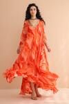 Shop_Pallavi Jaipur_Orange Chiffon, Silk Beads V-neck Sunset Tier Kaftaan And Dress Set _at_Aza_Fashions