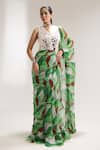 Pallavi Jaipur_Green Chiffon, Chanderi Sequins, Lush Lehar Pre-draped Saree With Waistcoat _Online_at_Aza_Fashions