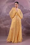 Pallavi Jaipur_Yellow Chiffon, Silk Sequins V-neck Butter Flury Jacket And Pant Set _Online_at_Aza_Fashions